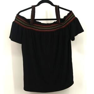White House Black Market Women's of the Shoulder Embroidered Top Size M Black
